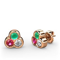 Mini Tria Küpe - Kök zümrüt, rodolit garnet ve pırlanta 8 ayar rose altın küpe (0.22 karat) #3ai0g7