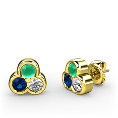 Mini Tria Küpe - Kök zümrüt, lab safir ve pırlanta 14 ayar altın küpe (0.22 karat) #3glfk5