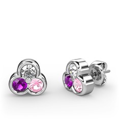 Mini Tria Küpe - Swarovski, ametist ve pembe kuvars 8 ayar beyaz altın küpe #3ntuf5