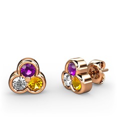 Mini Tria Küpe - Ametist, pırlanta ve sitrin 14 ayar rose altın küpe (0.22 karat) #3r7cia