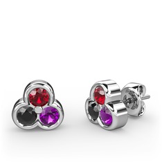 Garnet, siyah zirkon ve ametist 14 ayar beyaz altın küpe