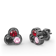 Mini Tria Küpe - Garnet, siyah zirkon ve pembe kuvars 925 ayar siyah rodyum kaplama gümüş küpe #3z23p1