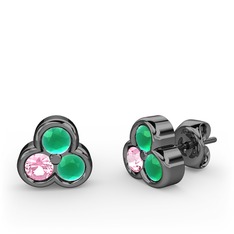 Mini Tria Küpe - Kök zümrüt ve pembe kuvars 925 ayar siyah rodyum kaplama gümüş küpe #3z5je7