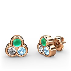 Mini Tria Küpe - Kök zümrüt, pırlanta ve akuamarin 18 ayar rose altın küpe (0.22 karat) #48q39e