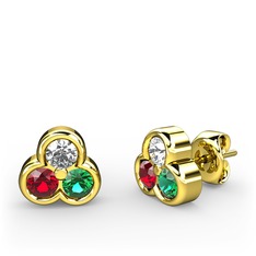 Mini Tria Küpe - Pırlanta, garnet ve yeşil kuvars 925 ayar altın kaplama gümüş küpe (0.22 karat) #4f89zt