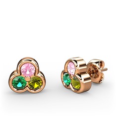Pembe kuvars, yeşil kuvars ve peridot 14 ayar rose altın küpe