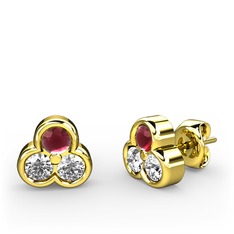 Kök yakut, pırlanta ve swarovski 18 ayar altın küpe (0.22 karat)