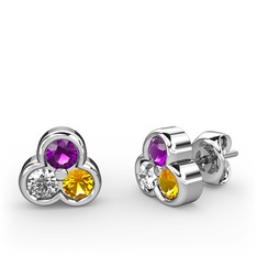 Mini Tria Küpe - Ametist, swarovski ve sitrin 8 ayar beyaz altın küpe #4nj00r