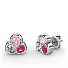 Pembe kuvars, pırlanta ve rodolit garnet 8 ayar beyaz altın küpe (0.22 karat)