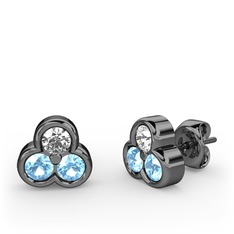 Mini Tria Küpe - Swarovski ve akuamarin 925 ayar siyah rodyum kaplama gümüş küpe #4tytqr
