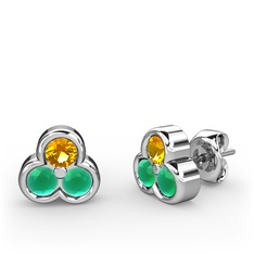 Mini Tria Küpe - Sitrin ve kök zümrüt 18 ayar beyaz altın küpe #4ze39c