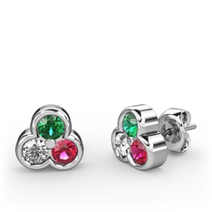 Mini Tria Küpe - Yeşil kuvars, swarovski ve rodolit garnet 8 ayar beyaz altın küpe #51mqes