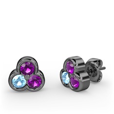 Mini Tria Küpe - Ametist ve akuamarin 925 ayar siyah rodyum kaplama gümüş küpe #5hw7os