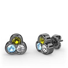 Mini Tria Küpe - Peridot, akuamarin ve pırlanta 925 ayar siyah rodyum kaplama gümüş küpe (0.22 karat) #5nkvgb