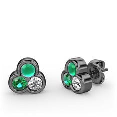 Mini Tria Küpe - Kök zümrüt, yeşil kuvars ve pırlanta 925 ayar siyah rodyum kaplama gümüş küpe (0.22 karat) #5zq80y