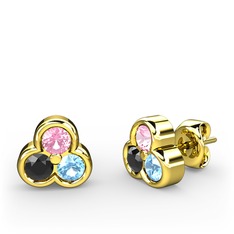 Mini Tria Küpe - Pembe kuvars, siyah zirkon ve akuamarin 18 ayar altın küpe #60ej24