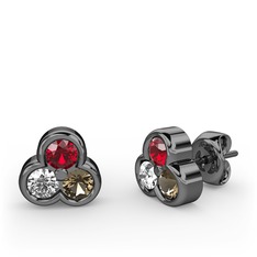 Garnet, beyaz zirkon ve dumanlı kuvars 925 ayar siyah rodyum kaplama gümüş küpe