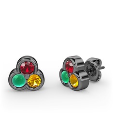 Mini Tria Küpe - Garnet, kök zümrüt ve sitrin 925 ayar siyah rodyum kaplama gümüş küpe #6gesw8