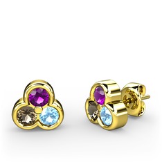 Mini Tria Küpe - Ametist, dumanlı kuvars ve akuamarin 18 ayar altın küpe #6j1k84