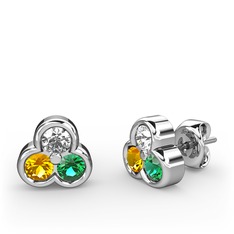 Mini Tria Küpe - Beyaz zirkon, sitrin ve yeşil kuvars 8 ayar beyaz altın küpe #6l7sfw