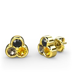 Mini Tria Küpe - Siyah zirkon, dumanlı kuvars ve sitrin 14 ayar altın küpe #6yka1a