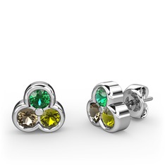 Mini Tria Küpe - Yeşil kuvars, dumanlı kuvars ve peridot 14 ayar beyaz altın küpe #705xaa