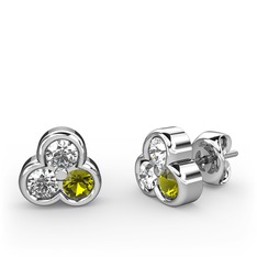 Mini Tria Küpe - Pırlanta ve peridot 14 ayar beyaz altın küpe (0.44 karat) #799b1f