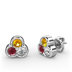 Mini Tria Küpe - Sitrin, kök yakut ve swarovski 18 ayar beyaz altın küpe #7l5v5s