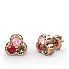 Pembe kuvars, garnet ve dumanlı kuvars 8 ayar rose altın küpe