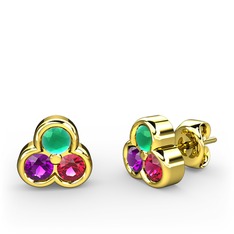 Kök zümrüt, ametist ve rodolit garnet 14 ayar altın küpe