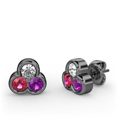 Mini Tria Küpe - Pırlanta, rodolit garnet ve ametist 925 ayar siyah rodyum kaplama gümüş küpe (0.22 karat) #81them