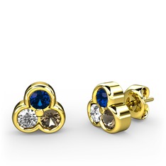 Mini Tria Küpe - Lab safir, swarovski ve dumanlı kuvars 8 ayar altın küpe #882ny4