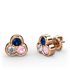Mini Tria Küpe - Lab safir, swarovski ve pembe kuvars 14 ayar rose altın küpe #8b70zv