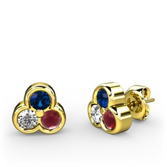 Lab safir, swarovski ve kök yakut 14 ayar altın küpe