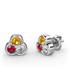Sitrin, garnet ve pırlanta 14 ayar beyaz altın küpe (0.22 karat)