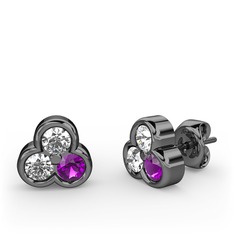 Mini Tria Küpe - Beyaz zirkon, swarovski ve ametist 925 ayar siyah rodyum kaplama gümüş küpe #8sv3b2