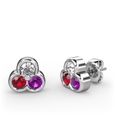 Pırlanta, garnet ve ametist 925 ayar gümüş küpe (0.22 karat)