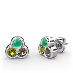 Mini Tria Küpe - Kök zümrüt, peridot ve dumanlı kuvars 14 ayar beyaz altın küpe #90on5w