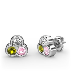 Mini Tria Küpe - Swarovski, peridot ve pembe kuvars 925 ayar gümüş küpe #936t16