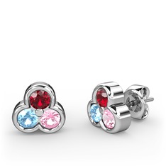 Mini Tria Küpe - Garnet, akuamarin ve pembe kuvars 8 ayar beyaz altın küpe #98k9q9