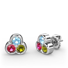 Akuamarin, rodolit garnet ve peridot 18 ayar beyaz altın küpe