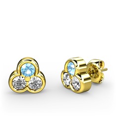 Akuamarin, pırlanta ve swarovski 18 ayar altın küpe (0.22 karat)