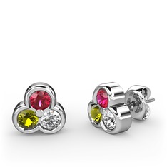 Mini Tria Küpe - Rodolit garnet, peridot ve pırlanta 18 ayar beyaz altın küpe (0.22 karat) #9iav2q