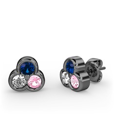 Mini Tria Küpe - Lab safir, pırlanta ve pembe kuvars 925 ayar siyah rodyum kaplama gümüş küpe (0.22 karat) #9lxs0t