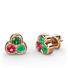 Mini Tria Küpe - Yeşil kuvars, rodolit garnet ve kök zümrüt 14 ayar rose altın küpe #agjtjr