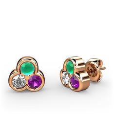 Mini Tria Küpe - Kök zümrüt, beyaz zirkon ve ametist 18 ayar rose altın küpe #ai0qs6