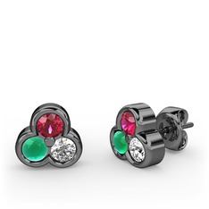 Mini Tria Küpe - Rodolit garnet, kök zümrüt ve swarovski 925 ayar siyah rodyum kaplama gümüş küpe #aj1s22