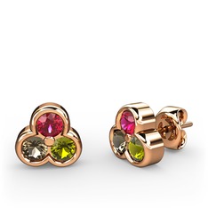 Mini Tria Küpe - Rodolit garnet, dumanlı kuvars ve peridot 18 ayar rose altın küpe #ara6xx