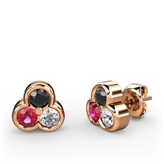 Siyah zirkon, rodolit garnet ve pırlanta 925 ayar rose altın kaplama gümüş küpe (0.22 karat)