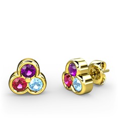 Mini Tria Küpe - Ametist, rodolit garnet ve akuamarin 18 ayar altın küpe #b713bp